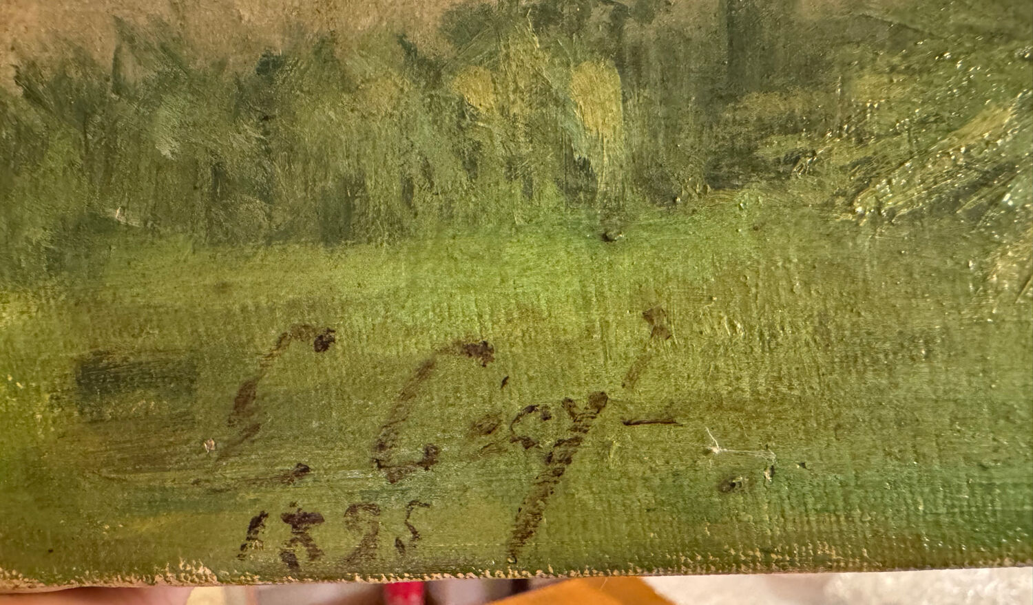 Antique painting, landscape with pond, signed and dated 1895