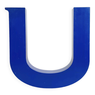 Vintage blue iron facade letter u, 1970s