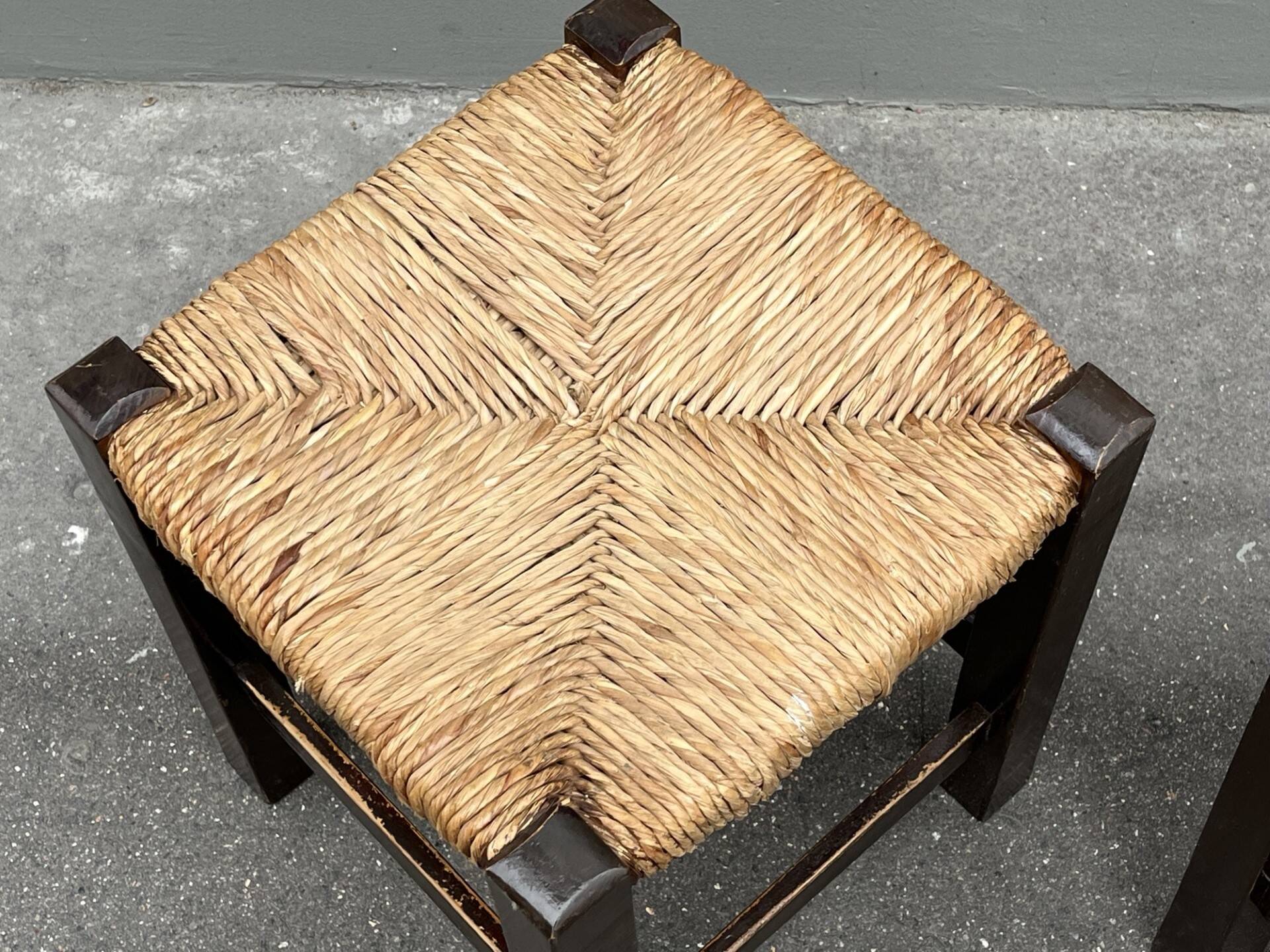 Pair of vintage straw-seat stools