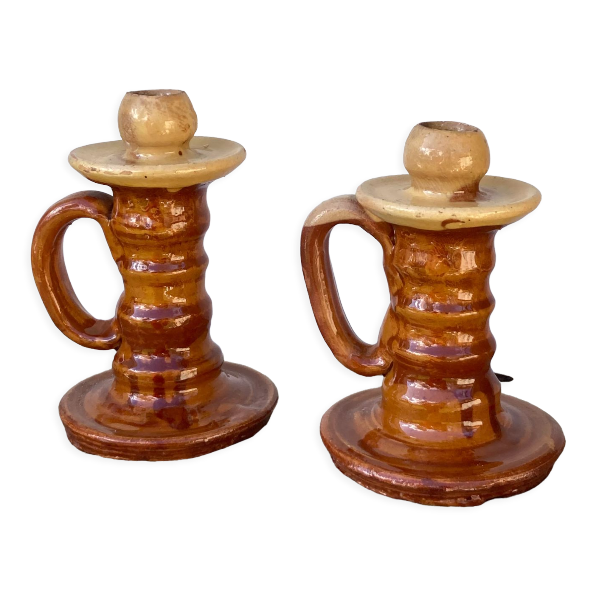 Pair of candle holder Tamegroute old terracotta enamelled brown and beige Moroccan berber
