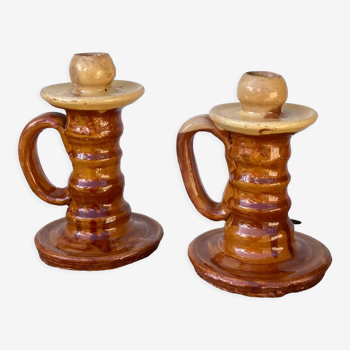 Pair of candle holder Tamegroute old terracotta enamelled brown and beige Moroccan berber