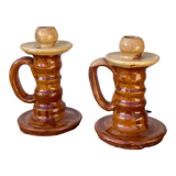 Pair of candle holder Tamegroute old terracotta enamelled brown and beige Moroccan berber