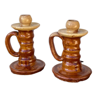 Pair of candle holder Tamegroute old terracotta enamelled brown and beige Moroccan berber
