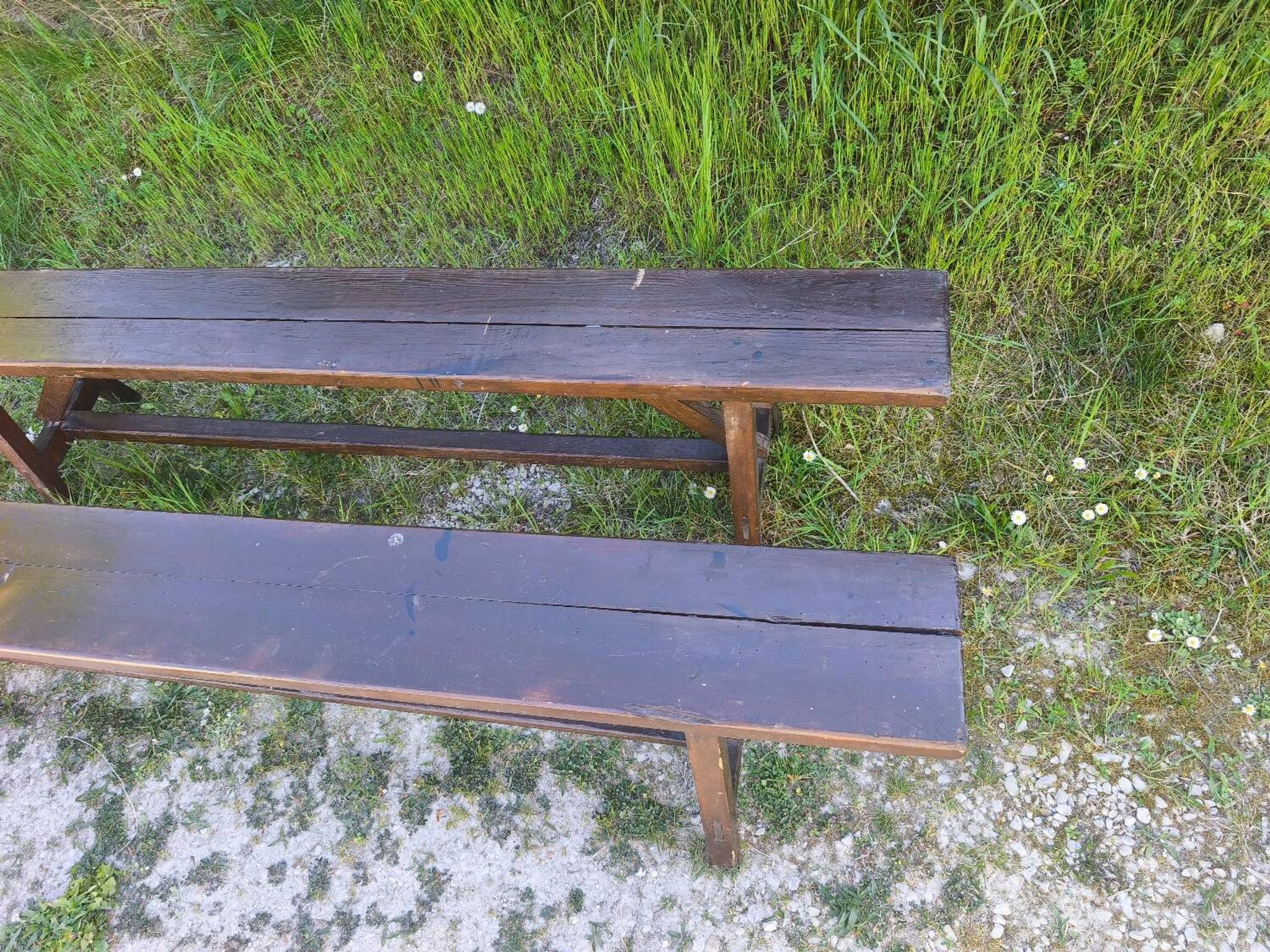 Pair of rustic antique long benches in solid wood – 195 cm