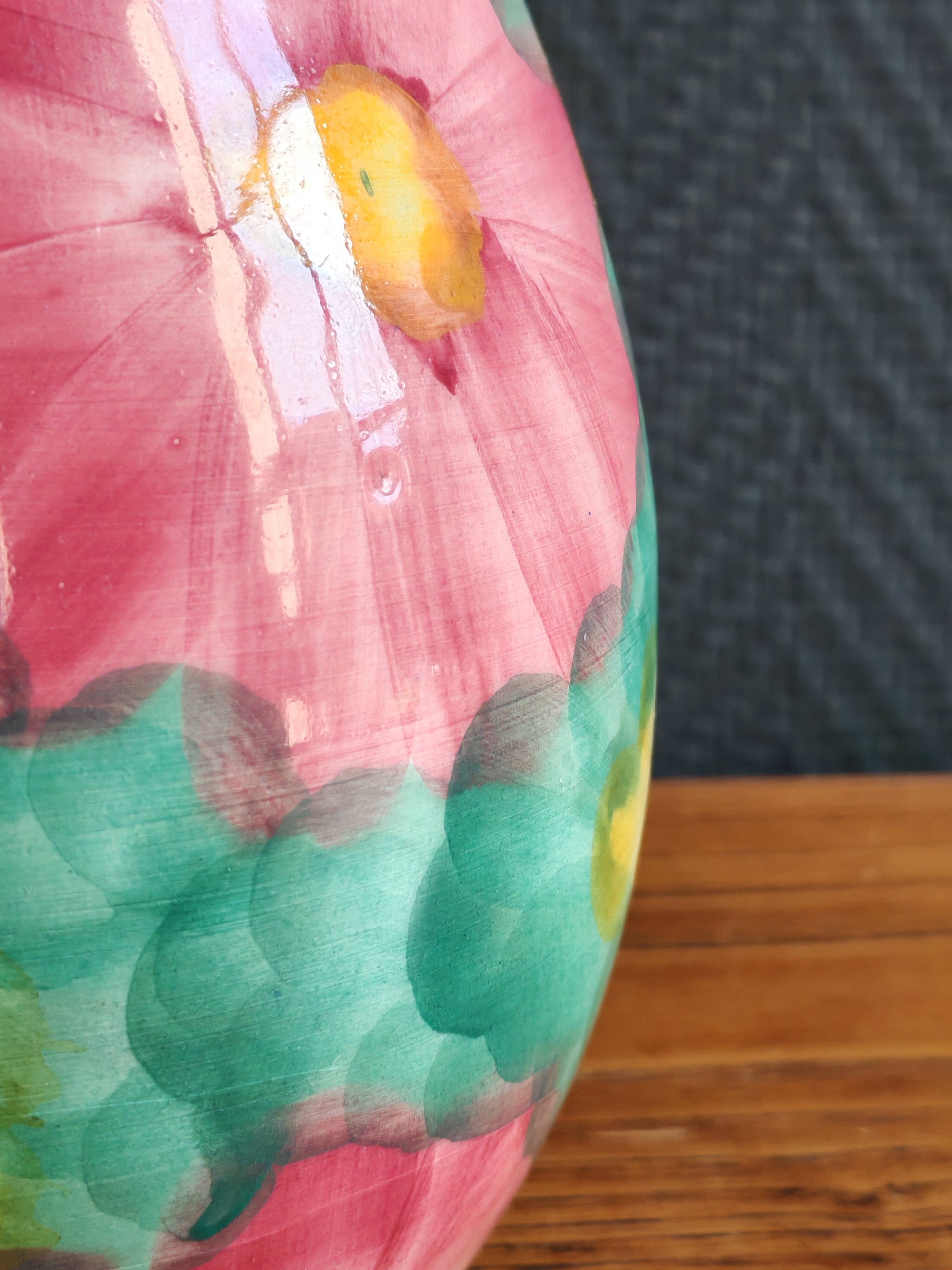 Vintage Floral Ceramic Vase - Large Barbotine Vase with Pink Flowers