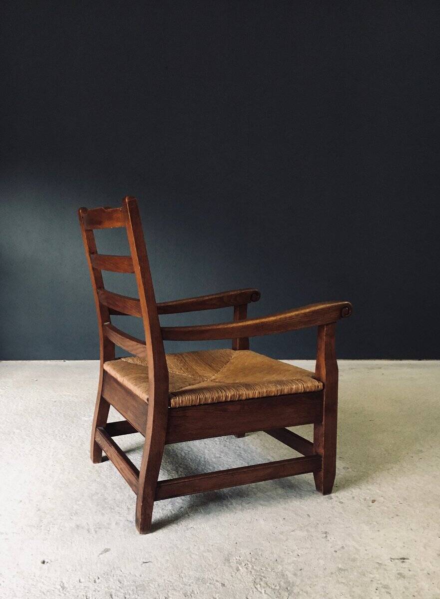 Rustic Oak & Rush Armchair, France, 1930s