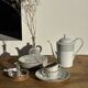 Bavarian porcelain teapot from Germany with blue frieze and flower lid H23
