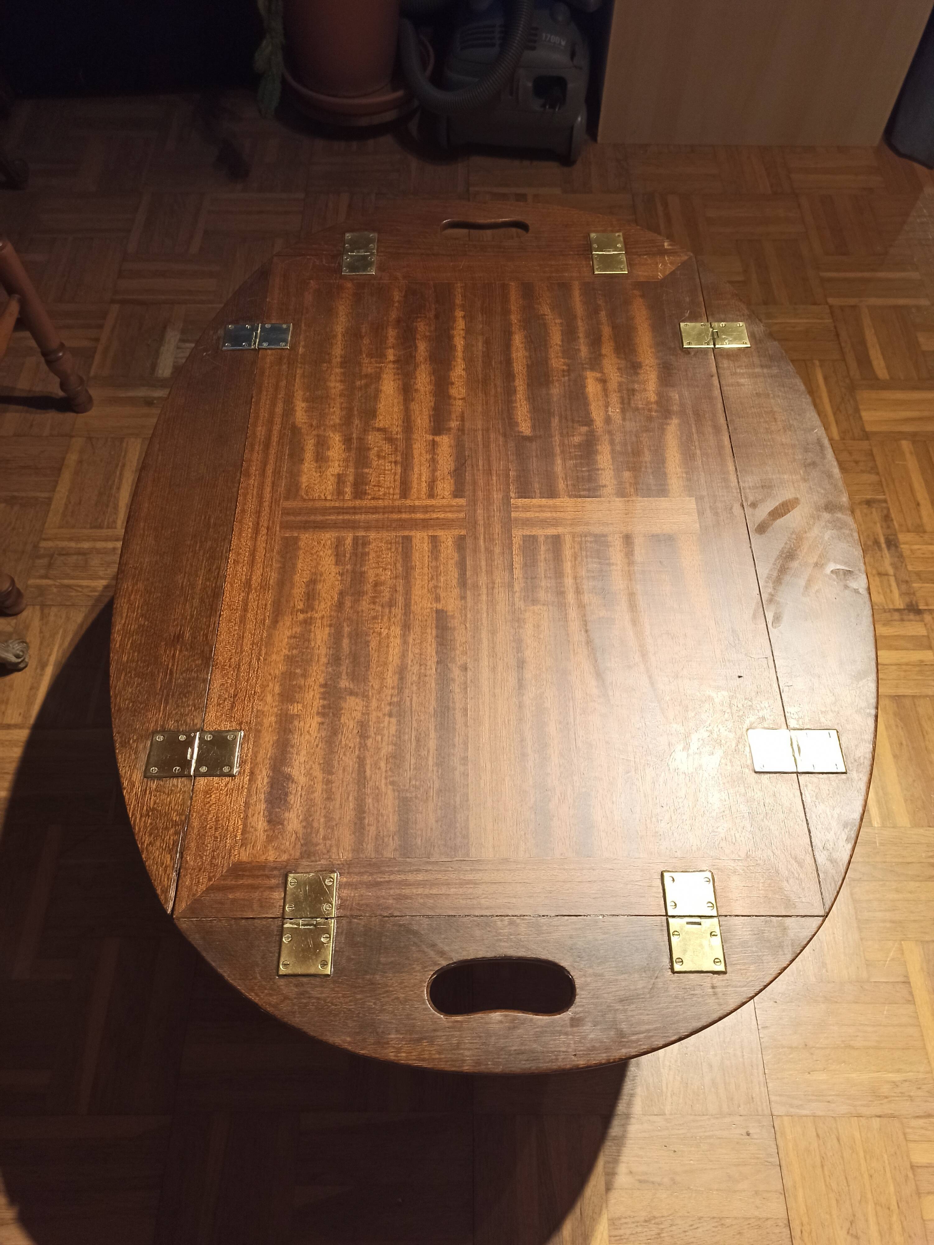 Folding coffee table type Butler marine boat wood and brass mahogany