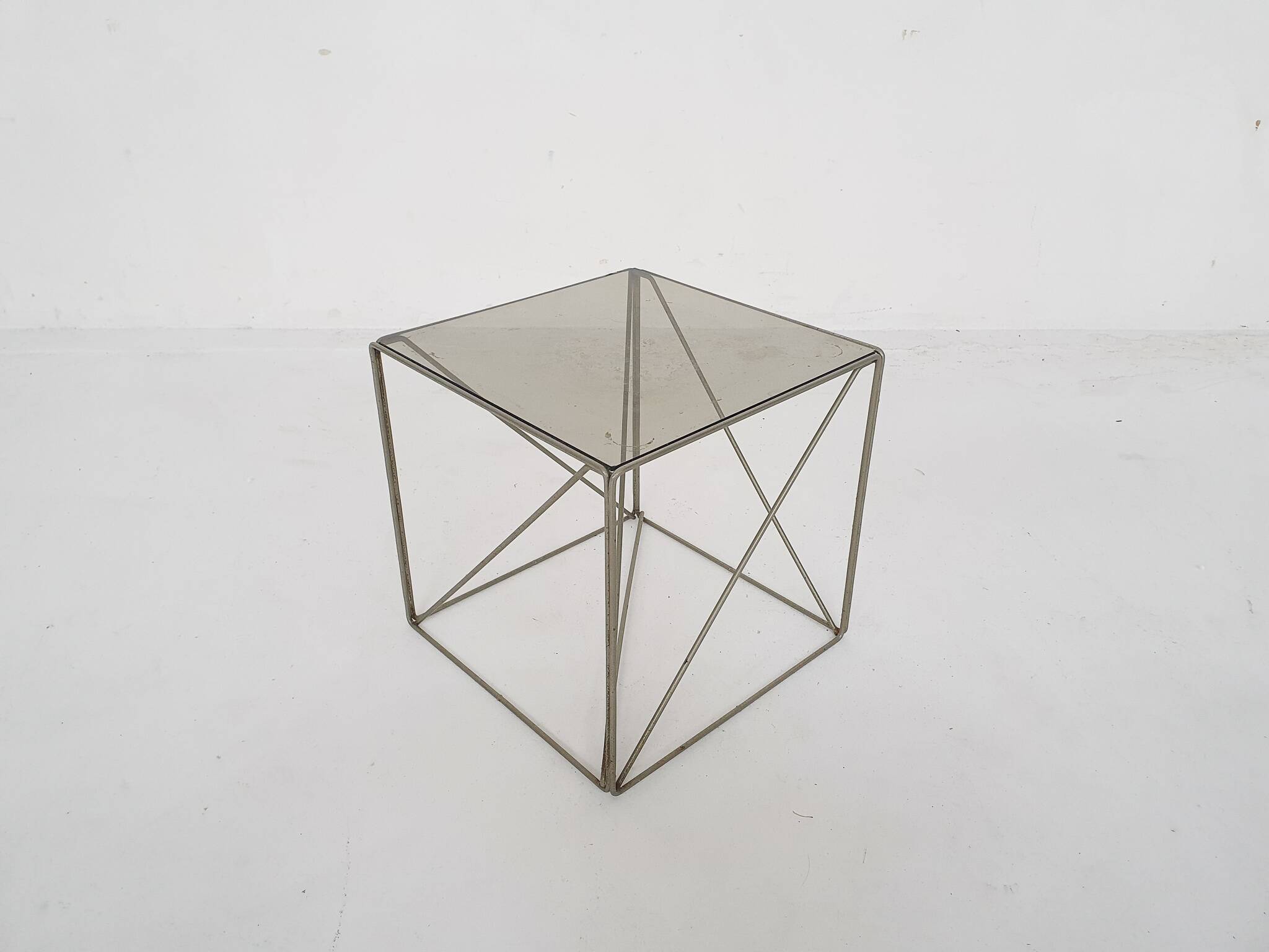 Rare metal and glass side table by Max Sauze, Isocele, France 1960's