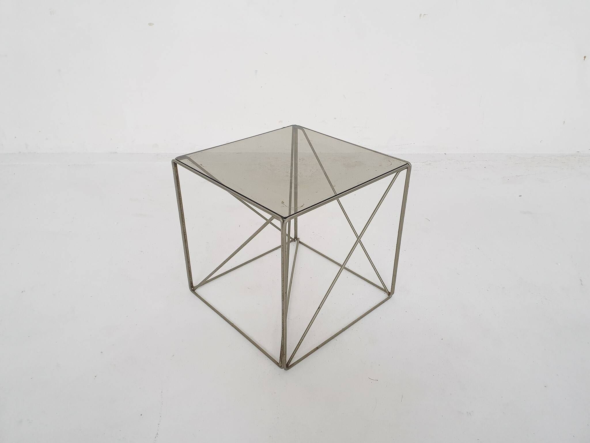 Rare metal and glass side table by Max Sauze, Isocele, France 1960's