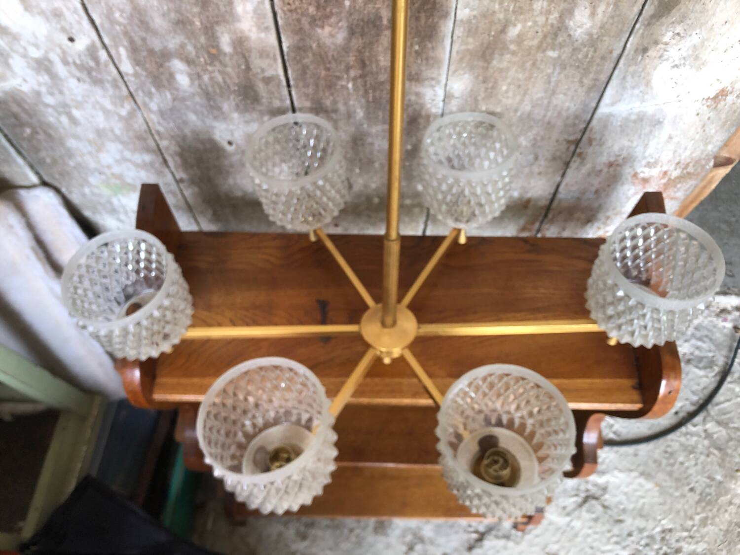 Old Chandelier 6 Lights Golden Metal + Molded Glass Reflector