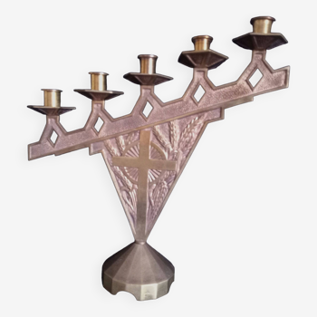 5-arm religious candlestick in Art Deco style in hammered bronze
