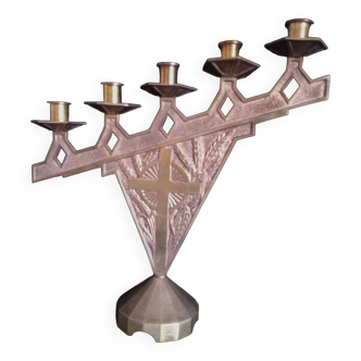 5-arm religious candlestick in Art Deco style in hammered bronze