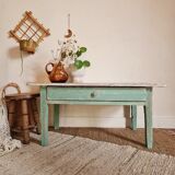 Wooden farmhouse coffee table green base