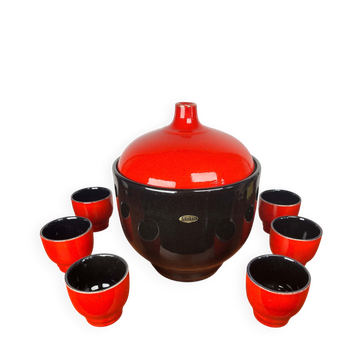 Bol à punch et tasses en céramique allemande de l'Ouest de style mid-century moderne de Jasba, années 1960, ensemble de 7.