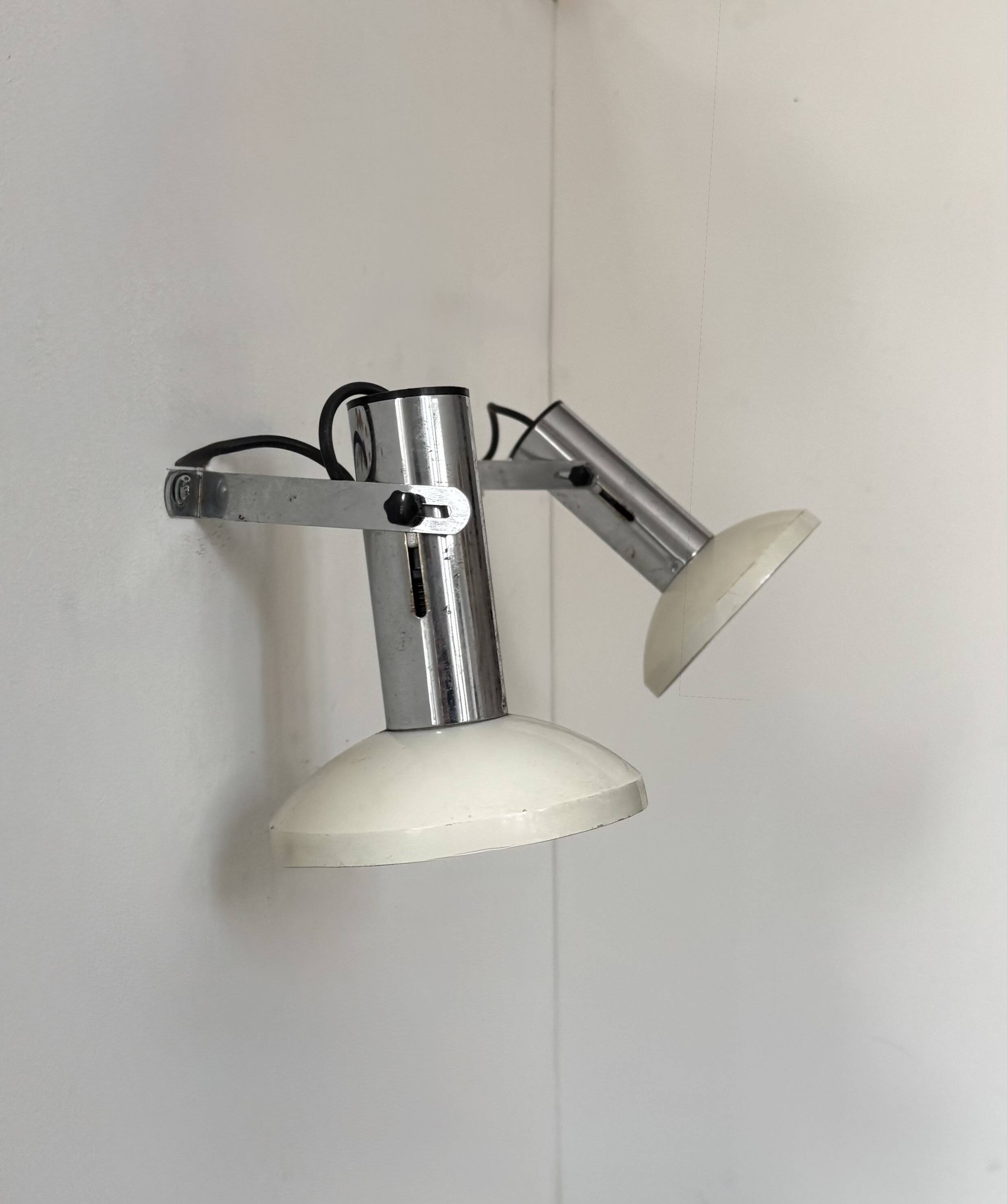 Pair of vintage adjustable wall lights, chrome and white lacquered metal, France 70