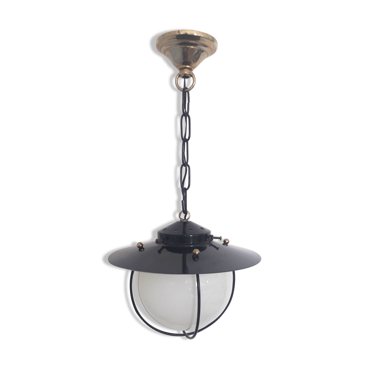 Old entrance hall suspension - opaline and black lacquered metal - 1960