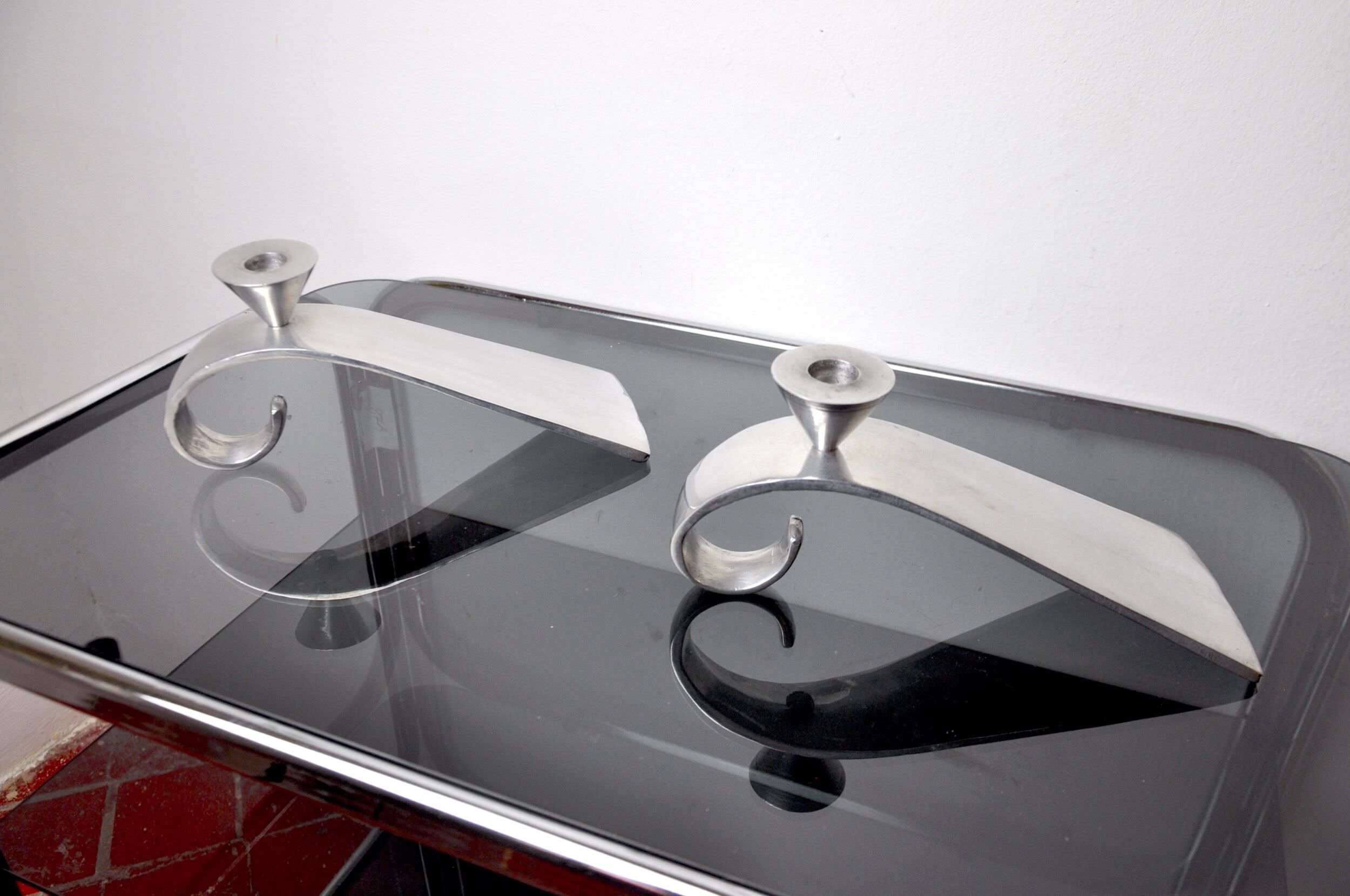 Pair of comma candlesticks by matthew hilton, England, 1980