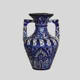 White hand-painted ceramic vase with blue patterns