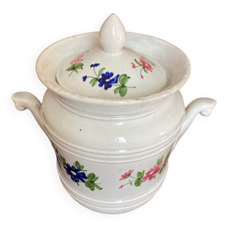 Old covered pot in faience decorated with painted flowers -