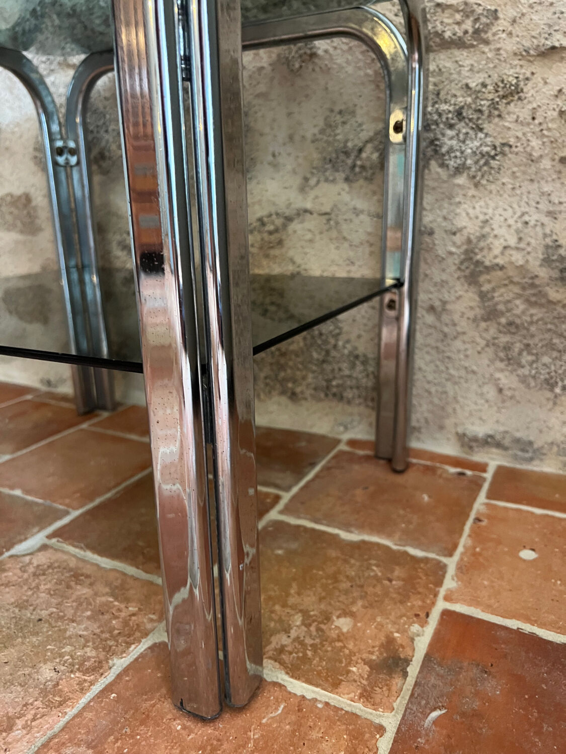 Chrome end table/side table and smoked glass