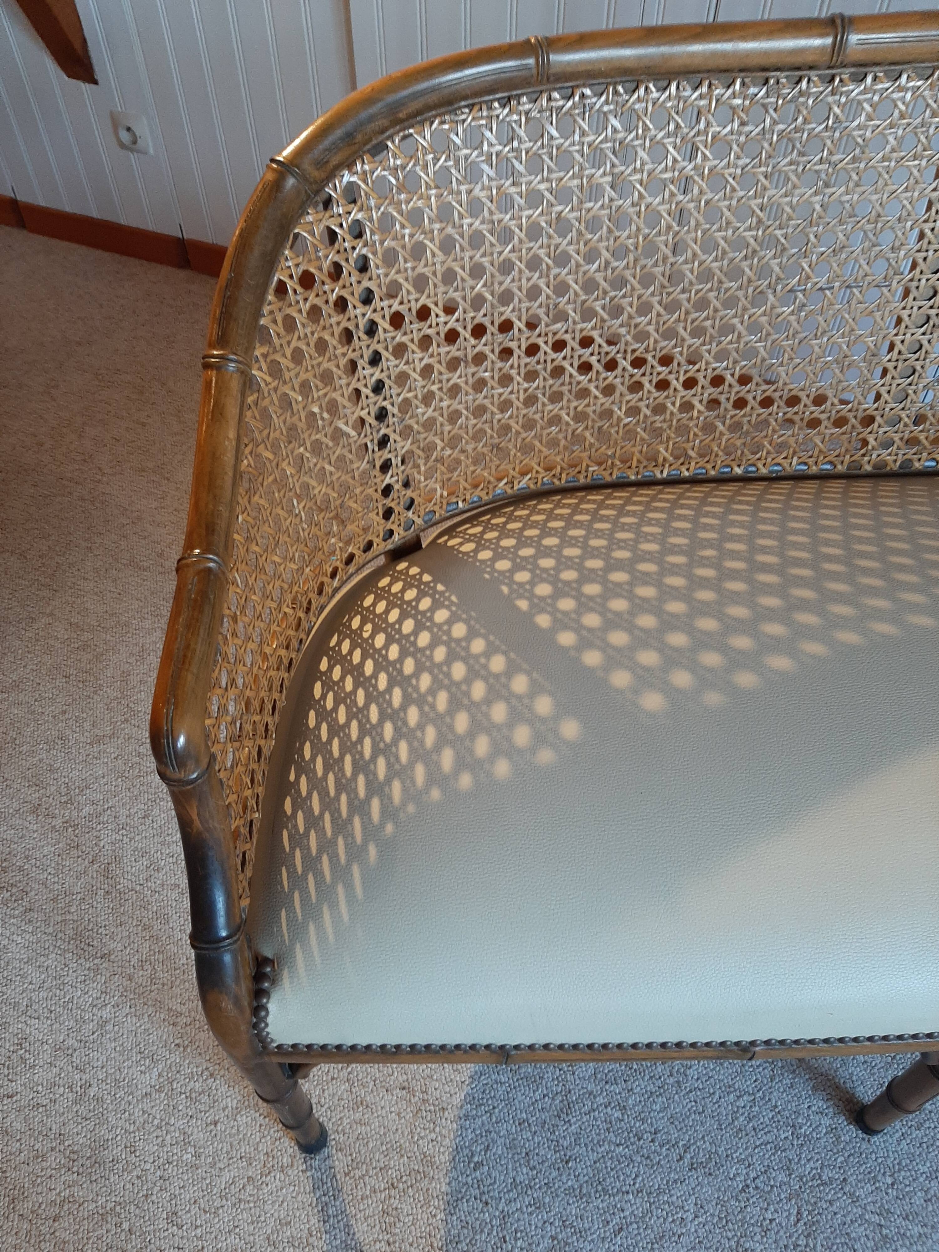 2-seater bamboo cane bench in vintage white imitation leather