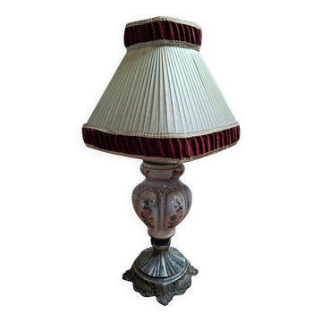Lampada da Tavolo Vintage in Ceramica dipinta a mano e Velluto Bordeaux