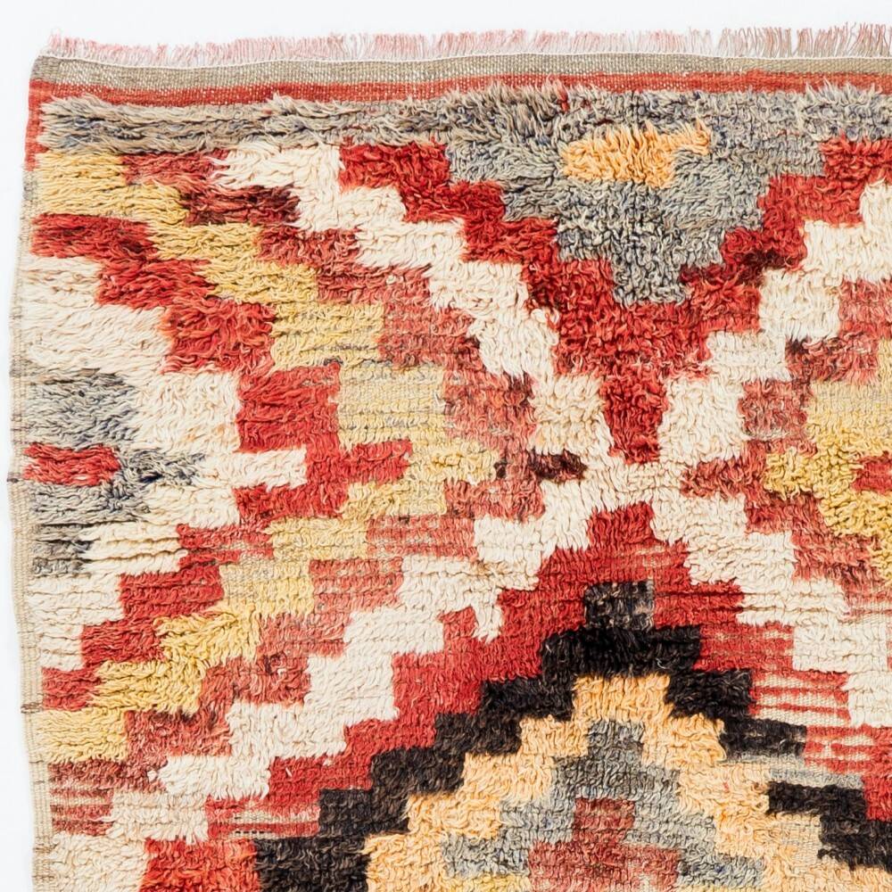 Vintage Hand-Knotted Turkish Tulu Rug with Geometric Design in Red, Cream, Yellow and Gray, 100% Wool