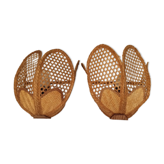 Pair of vintage 1960 wicker wall lamps and cannage half flower shape