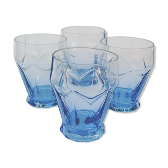 Verres bleu glacier anciens en verre faceté vintage années 60