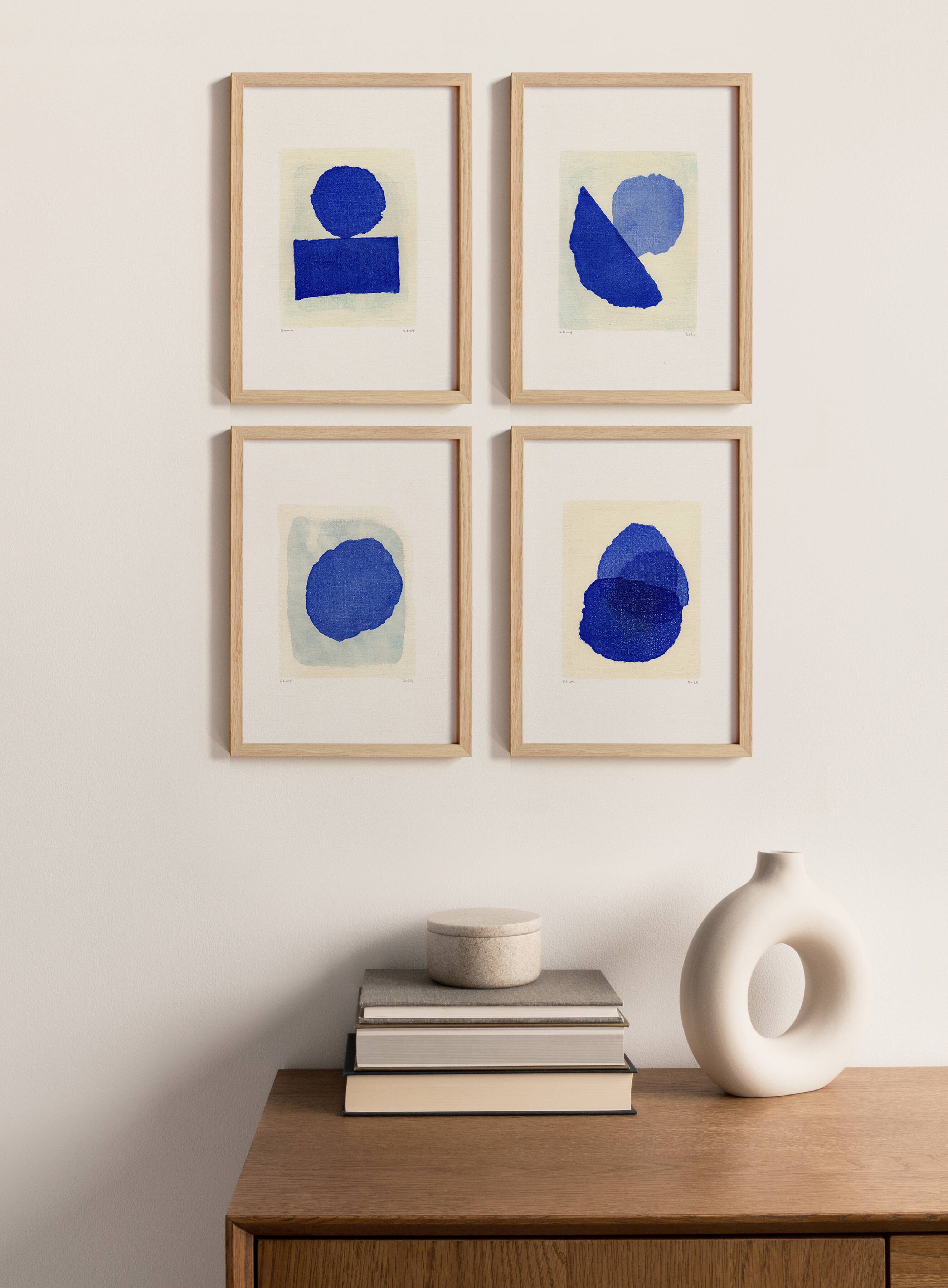 Collection of 4 abstract paintings on paper - klein blue - signed eawy