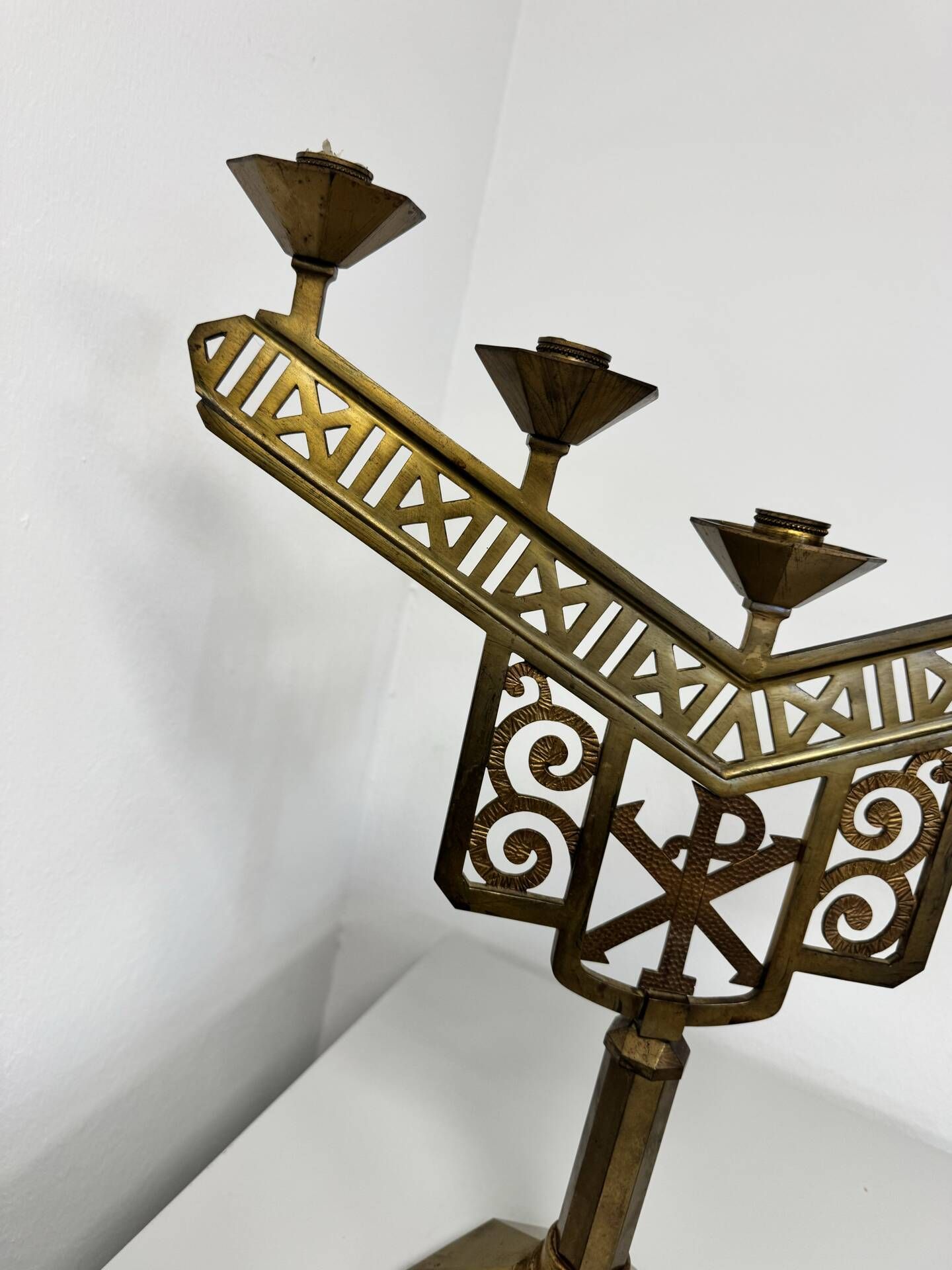 Antique Art Deco Brass Altar Chandelier – 5 Lights – Chrism Symbol