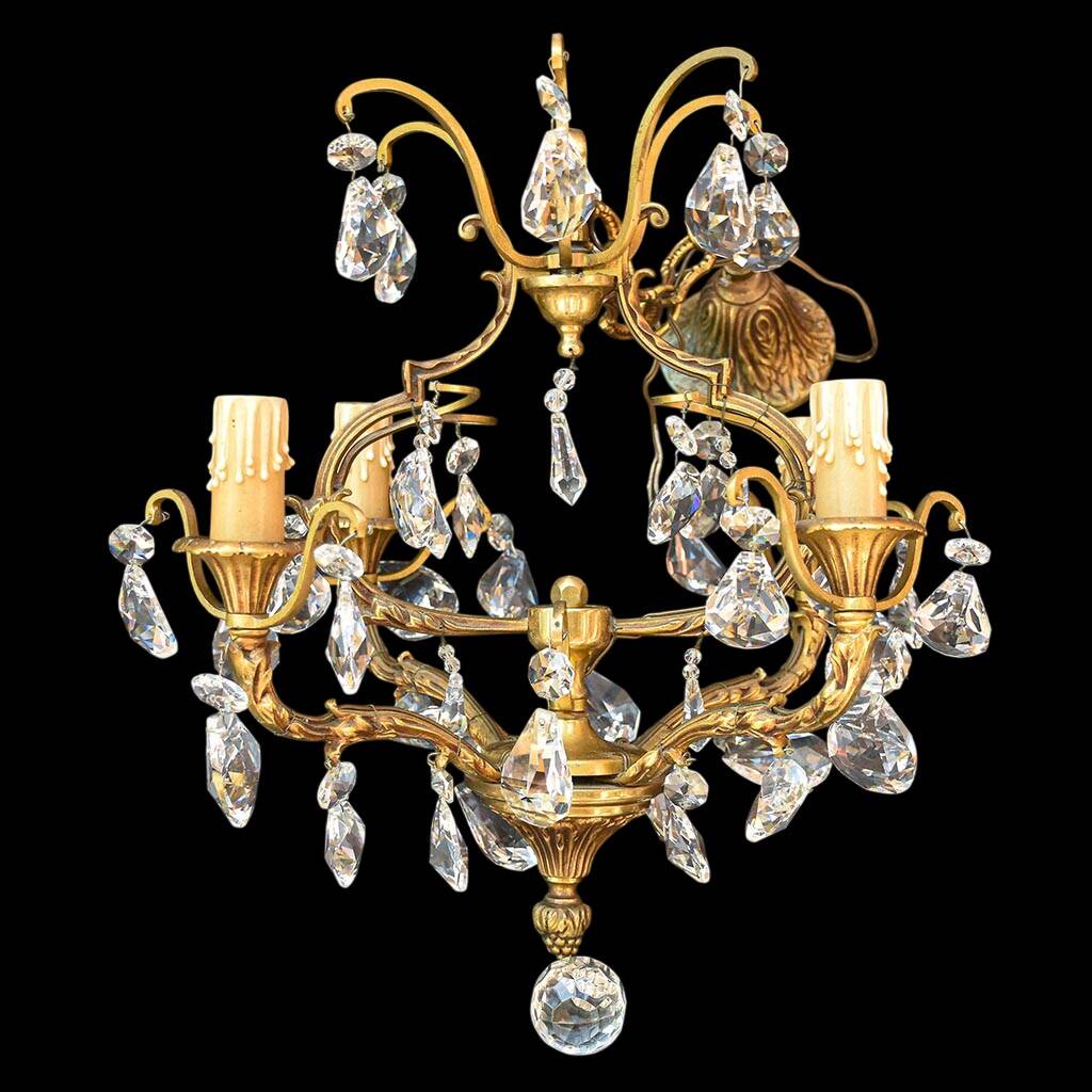 Chic chandelier with crystal tassels 4 lights gilded bronze H 69 cm vintage