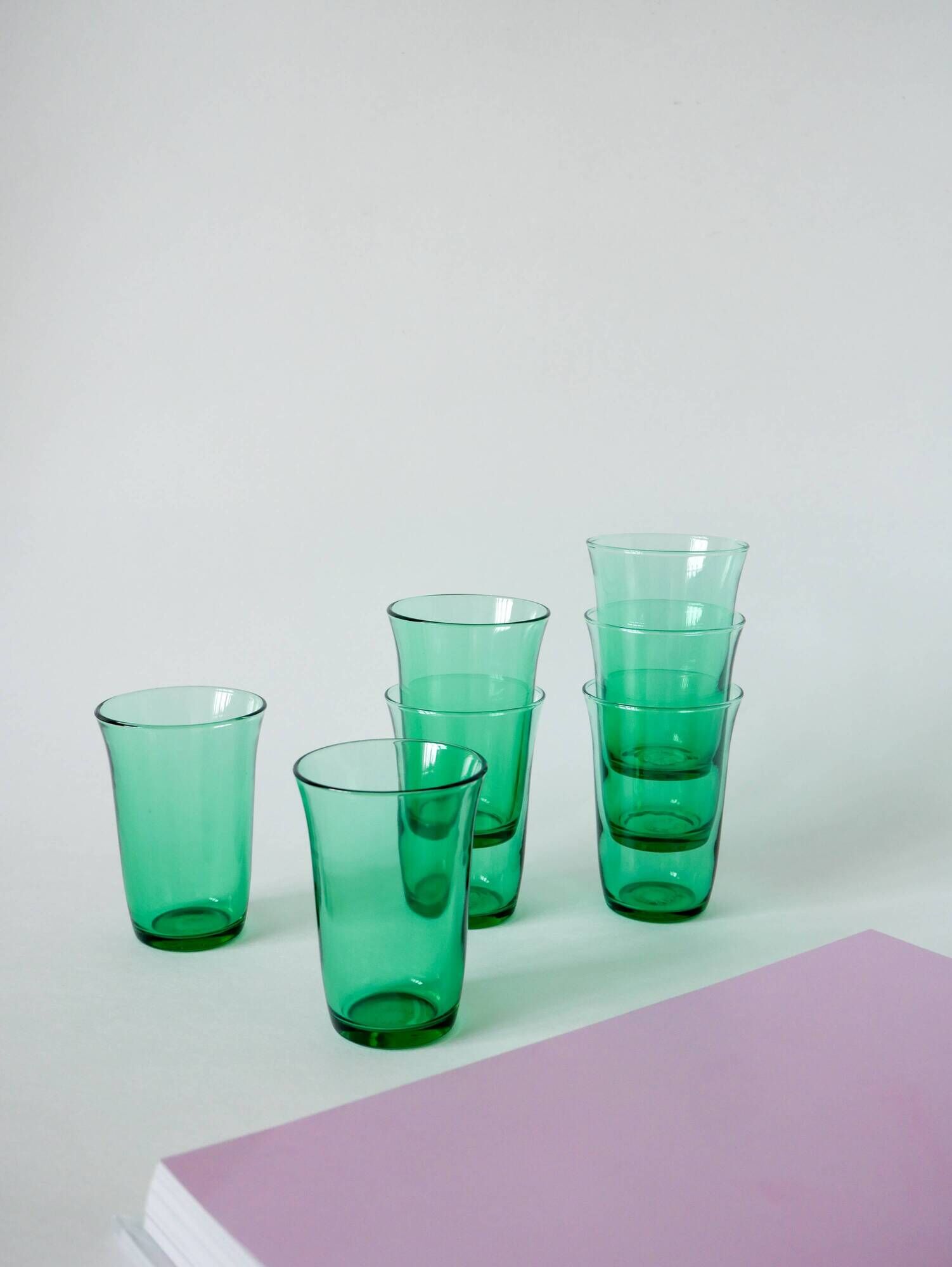 Set of 7 vintage green glass water glasses 1970