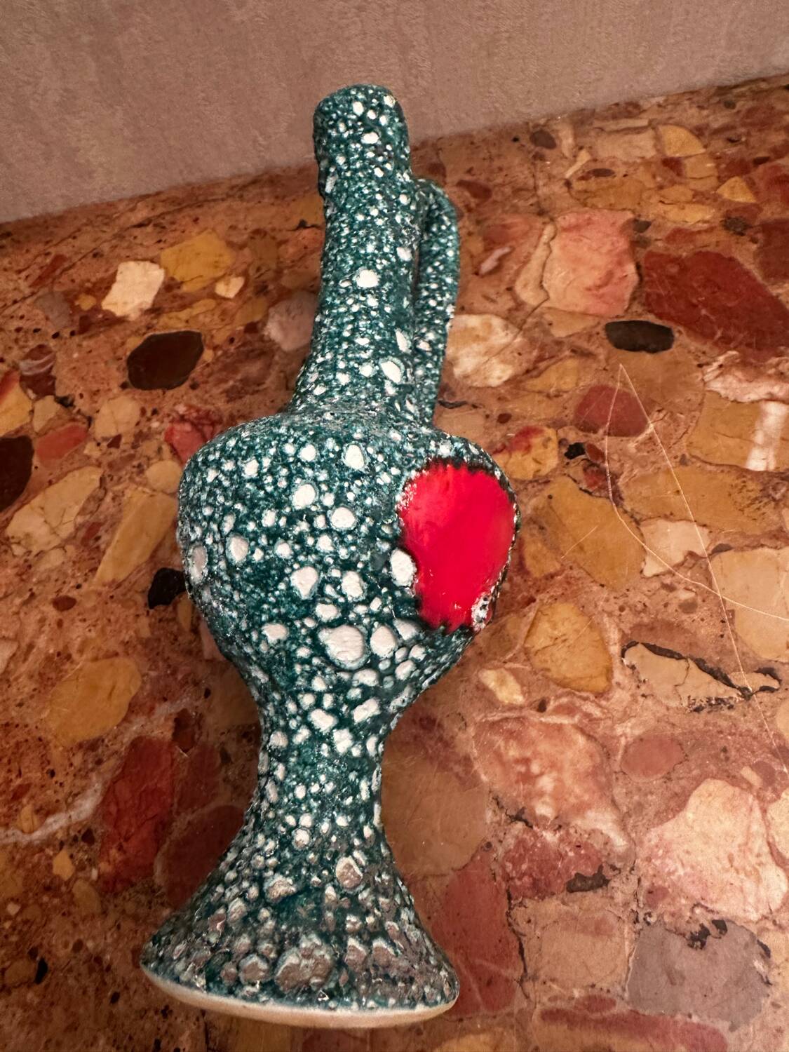 Pitcher/ Ceramic vase sea foam green and red glazed