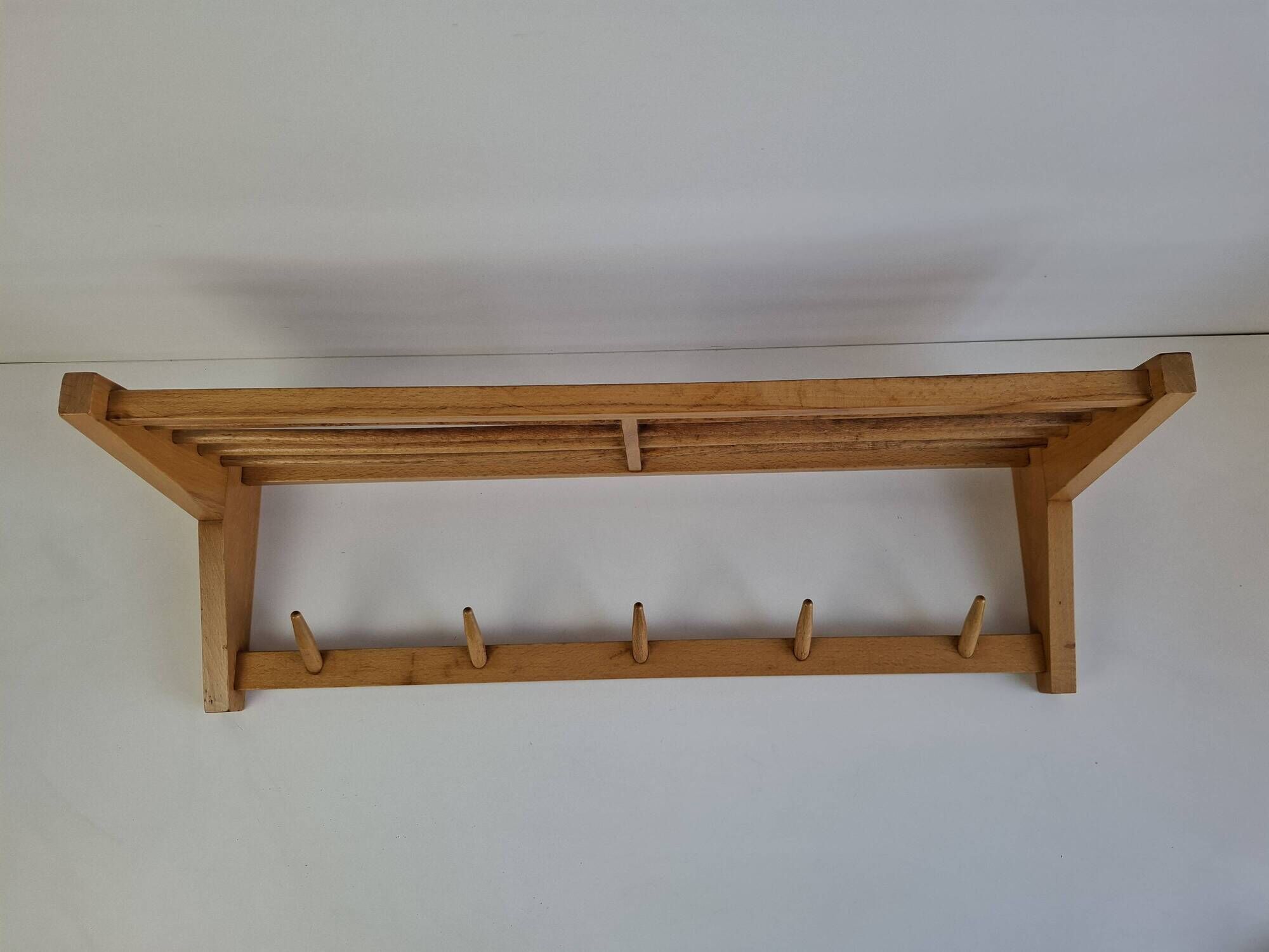 Uluv czechoslovakian mid-century wooden wall coat rack with shelf, 1970