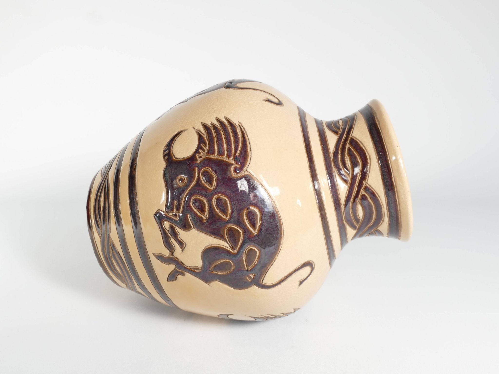 Vintage Ceramic Vase with Brown Bulls and Bands