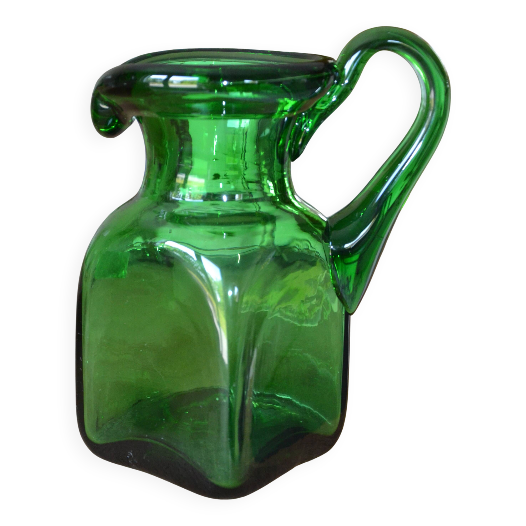 Handcrafted green glass pitcher from Spain