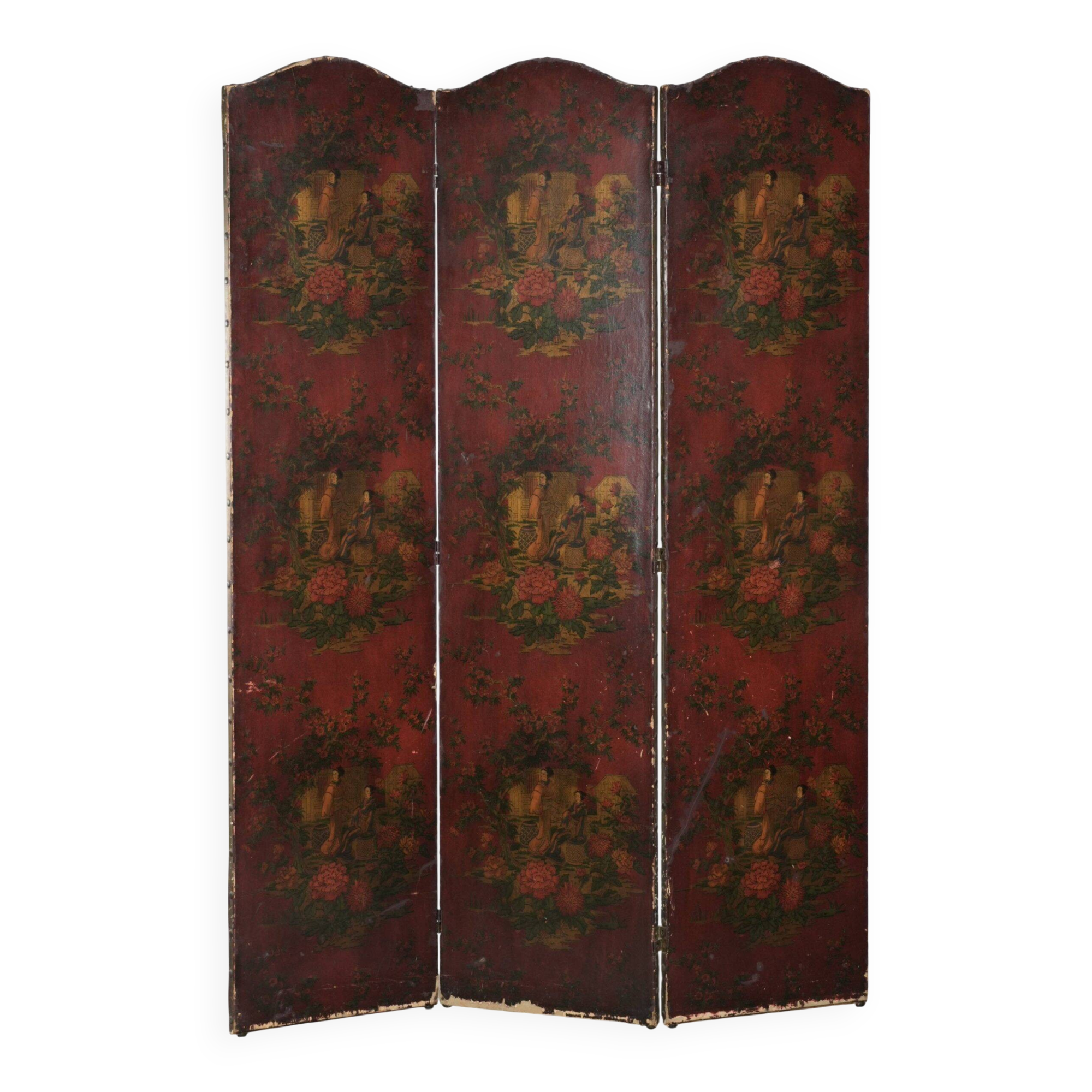 Antique English red leather hand-painted chinoiserie room divider/ screen