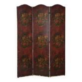 Paravent/écran en cuir rouge anglais antique peint à la main dans le style chinoiserie.