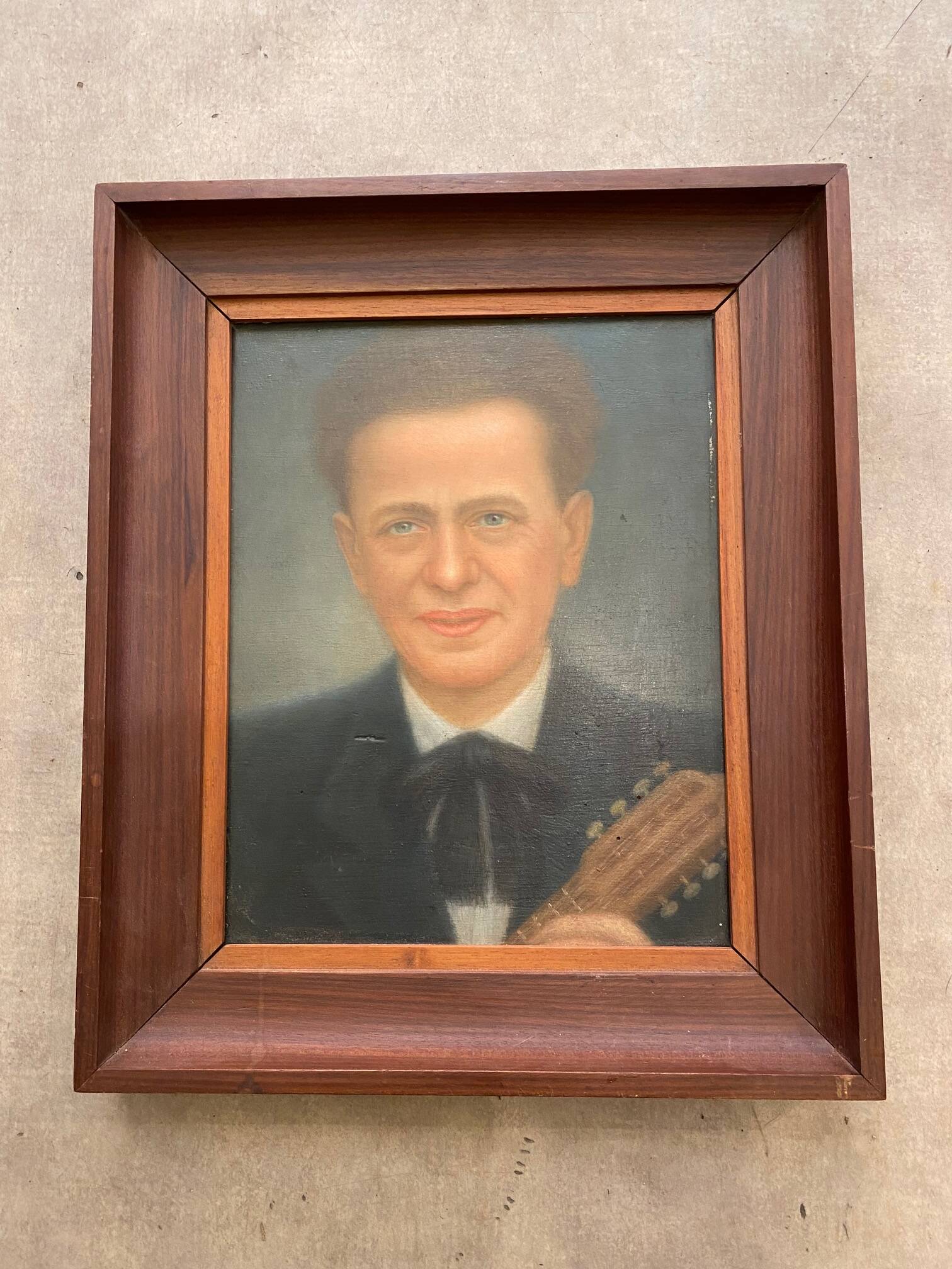 PORTRAIT OF A MAN AND HIS GUITAR OIL PAINTING 1940S