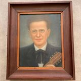 PORTRAIT OF A MAN AND HIS GUITAR OIL PAINTING 1940S