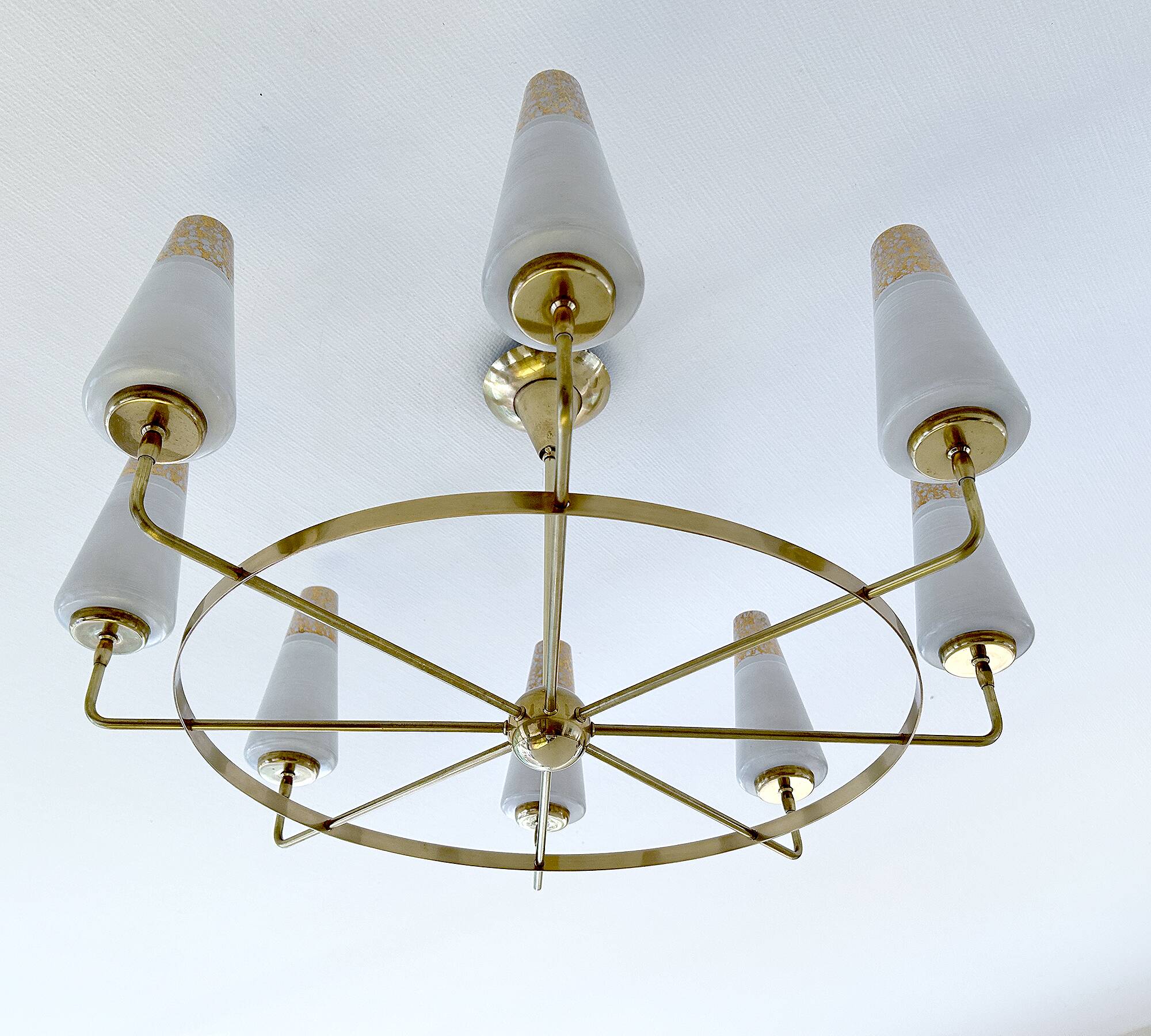 Large Vintage Italian Pendant Light, 1950s, Brass Glass