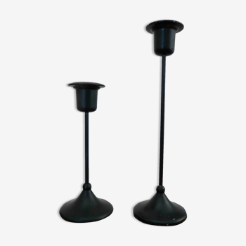 Pair of modernist candle holders in black lacquered metal 60s 70s