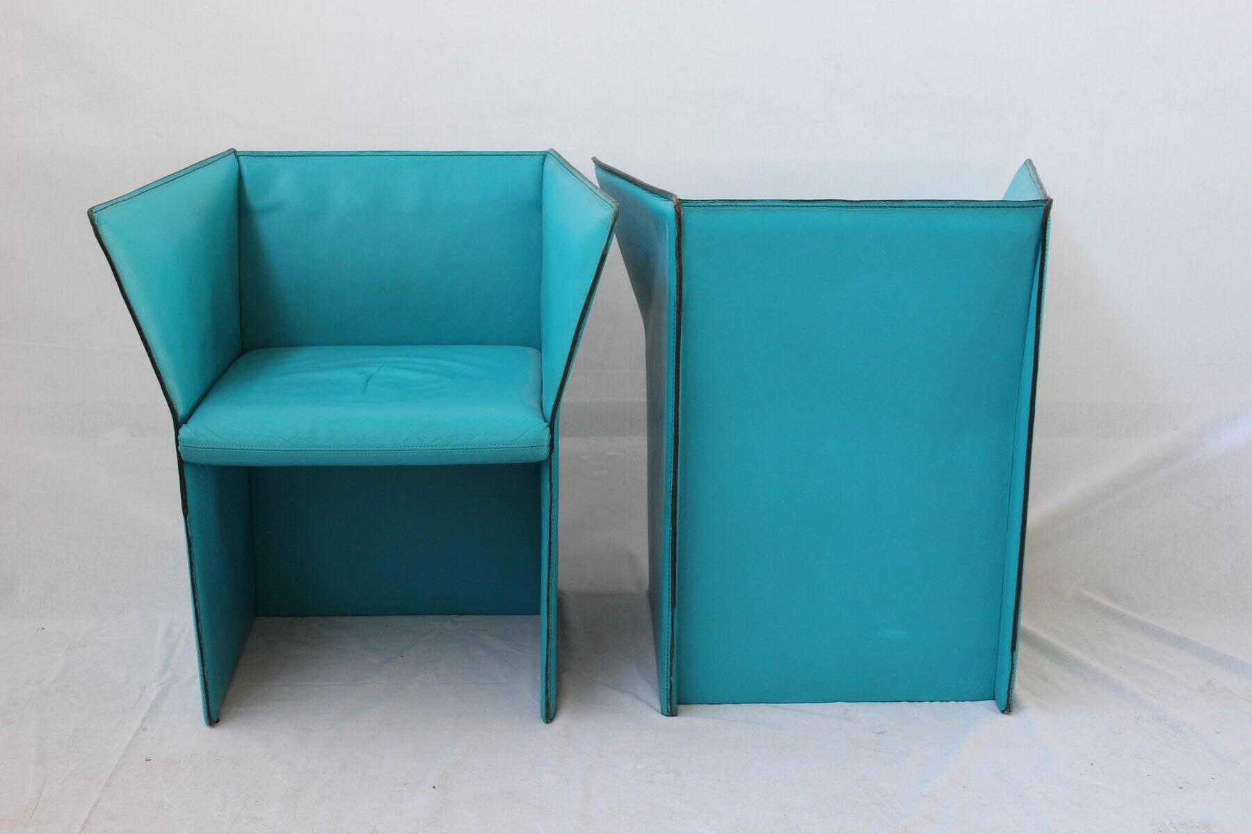 Set of Turquoise Leather Armchairs by Tito Agnoli, Italy, 1970s
