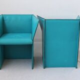 Set of Turquoise Leather Armchairs by Tito Agnoli, Italy, 1970s