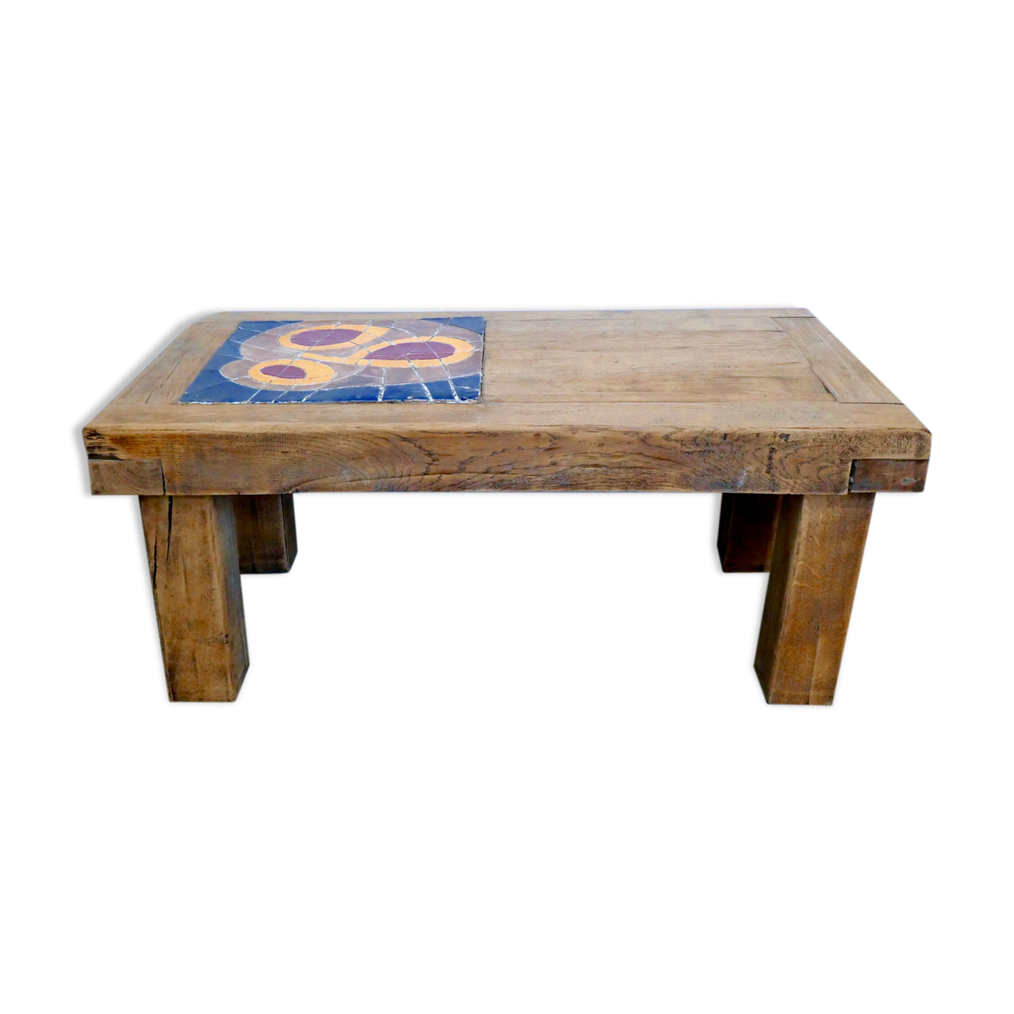 Solid wood and ceramic coffee table, 70s