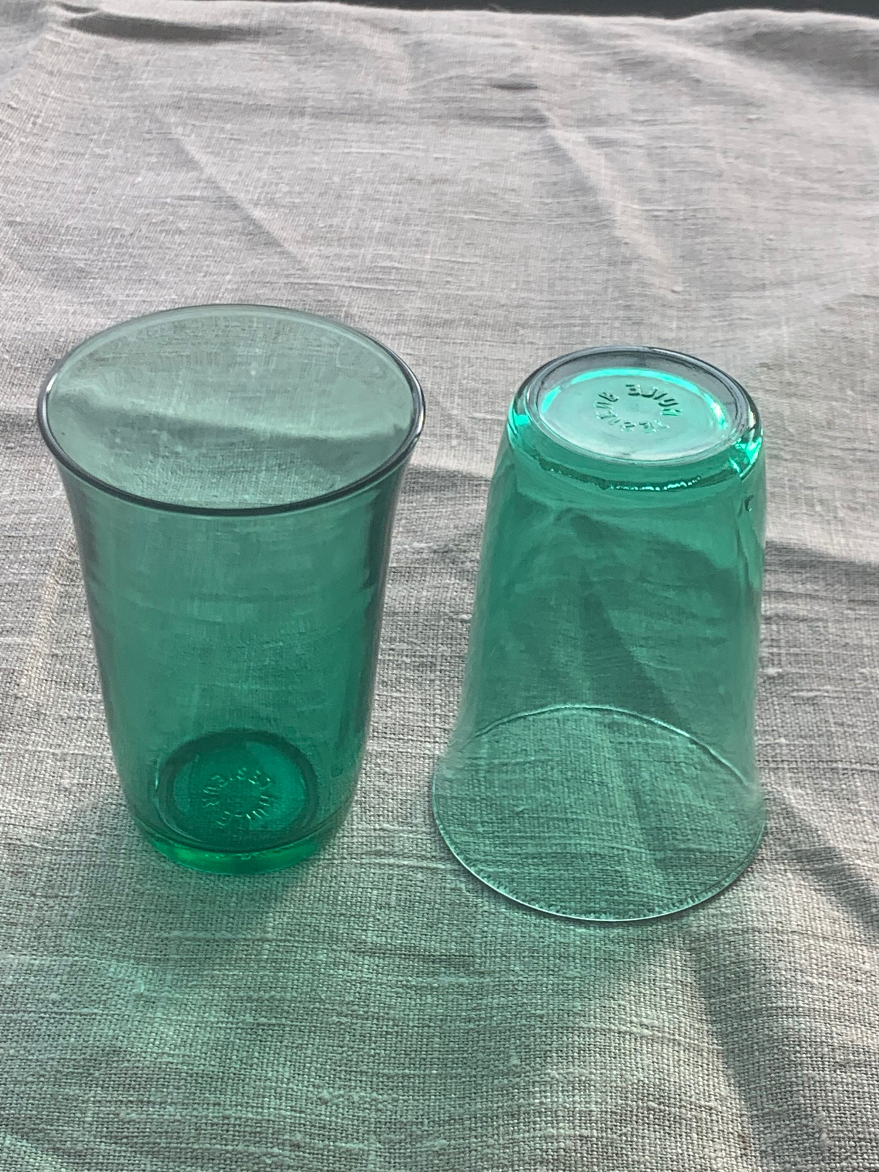 7 water glasses in green glass advertising vintage Lesieur oil