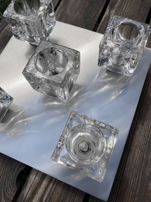 Plafonnier métal brossé et globes en verre, 5 bougies halogènes