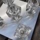 Brushed metal ceiling light and glass globes, 5 halogen candles